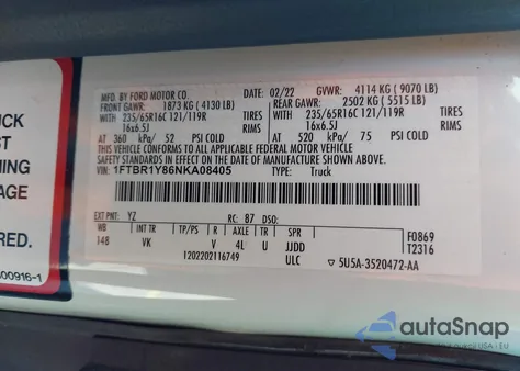 2022 Ford Transit-250 z USA, uszkodzony, nr VIN 1FTBR1Y86NKA08405